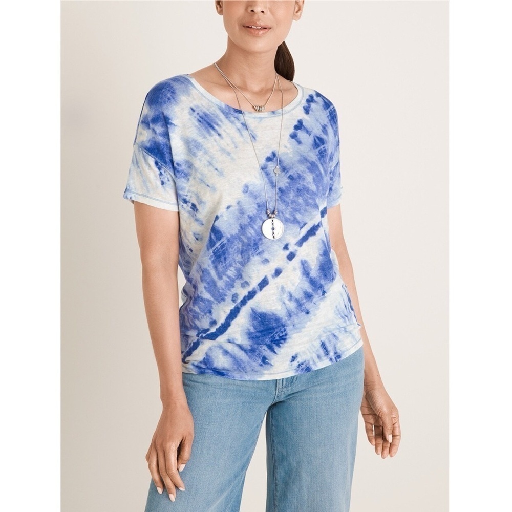 Chico’s Blue White Tie Dye Relaxed Linen Tee Scoop Neck Short Sleeve Top 0 S